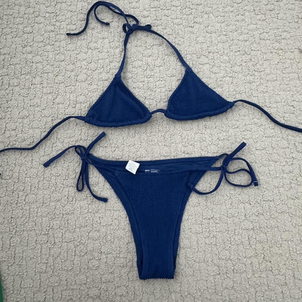 Aerie Blue and Navy Ribbed Triangle Bikini Set